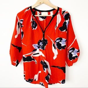 Yumi Kim 100% silk Popover Red White Floral Top M